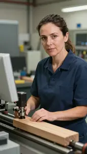 Female Computer Numerically Controlled Cnc Wood Lathe Operator Professional Stock Photo