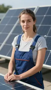 Female Solar Pv Installer Stock Photo