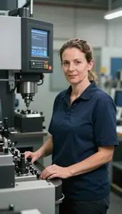 Female Computer Numerically Controlled Cnc Machinist Professional Stock Photo