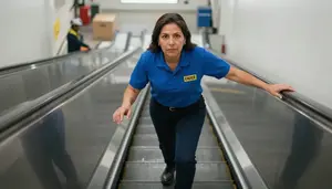 Female Escalator Service Mechanic Stock Photo
