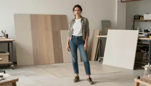Female Wood Tile Installer Stock Photo