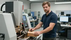 Male Computer Numerically Controlled Cnc Wood Lathe Operator Professional Stock Image