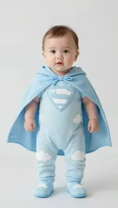 Baby Boy Super Hero Misty Blue Cape Over Soft Blue Jumpsuit