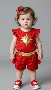 Baby Girl Superhero Toddler In Scarlet Red Dress With Golden