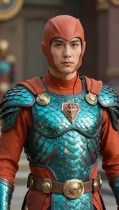 Champion In Terra Cotta And Turquoise Scale Mail