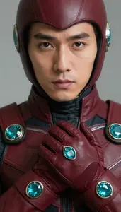 Figure In Burgundy Tactical Gloves With Teal Jewels
