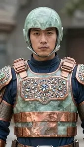 Figure In Jade And Copper Tactical Vest With Crystals