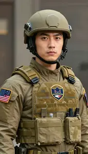 Guardian In Khaki Tactical Gear With Patches