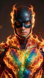 Hero In A Costume Of Living Fire Rainbow