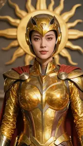 Heroine In Amber Armor With Gold Suns