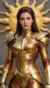Heroine In Amber And Gold Armor With Suns