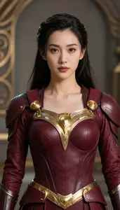 Heroine In Burgundy Armor With Gold Jewels