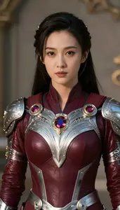 Heroine In Burgundy And Silver Armor With Jewels