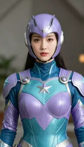 Heroine In Periwinkle And Teal Armor With Stars