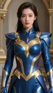 Heroine In Sapphire Armor With Gold Waves