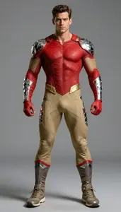 Male Superhero Muscular Male Warrior In Vermillion And Khaki