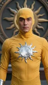 Man In Amber Bodysuit With Silver Suns