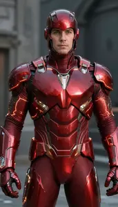 Man Clad In Deep Crimson Armor With Glowing Energy Lines And