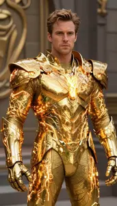 Man Clad In Molten Gold Armor With Glowing Energy Veins And