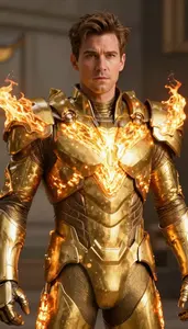 Man Clad In Molten Gold Armor With Blazing Shoulder Guards