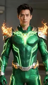 Man In Emerald Armor With Luminous Energy Veins And Blazing