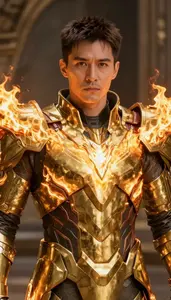 Man In Golden Armor With Blazing Shoulder Guards And Glowing