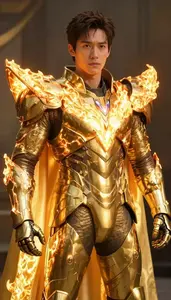 Man In Radiant Gold Armor With Blazing Shoulder Guards And
