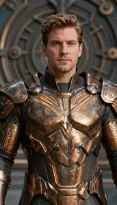 Man Wearing Bronze Armor With Glowing Runic Lines