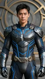 Man Wearing Dark Obsidian Armor With Glowing Blue Lines And