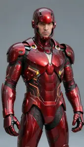 Man Wearing Deep Crimson Armor With Glowing Energy Lines And