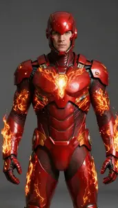 Man Wearing Fiery Red Armor With Glowing Chest Core And