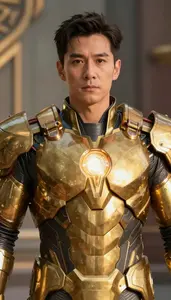 Man Wearing Gold Armor With Glowing Energy Core On Chest