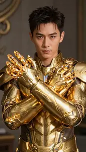 Man Wearing Gold Armor With Blazing Crystal Gauntlets
