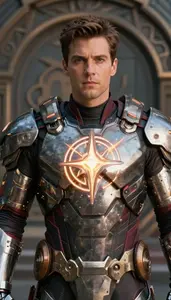 Man Wearing Steel Armor With Glowing Arcane Symbol