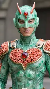 Protector In Jade Bodysuit With Coral Crystals