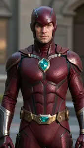 Warrior In Burgundy Scaled Suit With Teal Gems