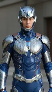 Warrior In Cobalt And Silver Scaled Suit With Circuits