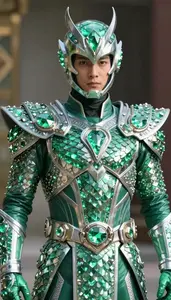 Warrior In Jade And Silver Scaled Suit With Crystals