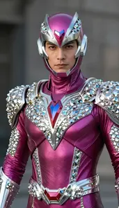 Warrior In Magenta And Silver Scaled Suit With Crystals