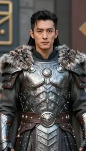 Warrior In Pewter Gray Scale Mail With Fur Trim