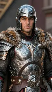Warrior In Pewter Scale Mail With Fur Trim
