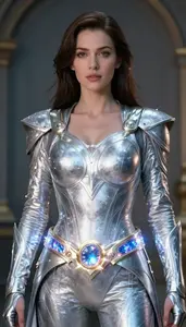 Woman Clad In Moonlit Silver Armor With Radiant Gemstone