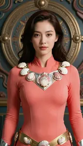 Woman In Coral Suit With Shell Accessories