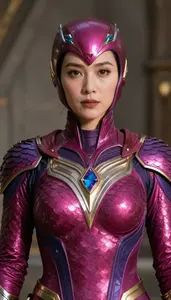 Woman In Magenta And Purple Scale Mail With Gems