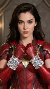 Woman In Ruby Armor With Shining Crystal Bracelets