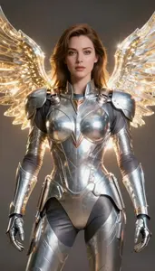 Woman In Silver Armor With Radiant Shoulder Wings And Bright