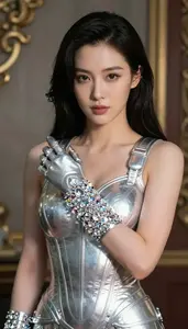 Woman In Silver Armor With Sparkling Crystal Bracelets