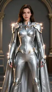 Woman In Silver Battle Suit With Luminous Shoulder Plates