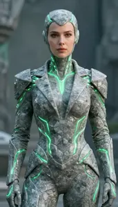 Woman In A Suit Of Living Stone With Glowing Green Veins