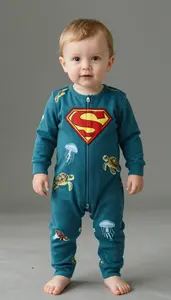 Baby Boy Super Hero Deep Teal Jumpsuit With A Pattern Of Sea